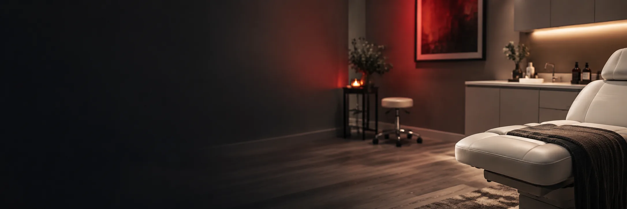 Quiet treatment room with a white treatment chair and a soft crimson glow on the wall