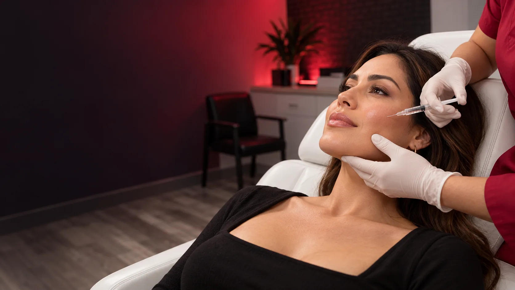 Woman reclining in a treatment chair as a gloved provider holds a syringe near her cheek.